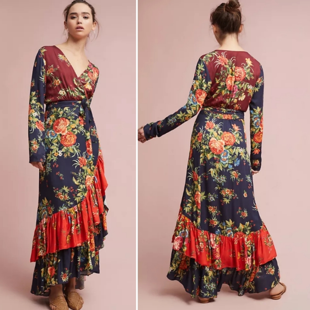 Anthropologie Floral Wrap Maxi Dress in Navy and Burgundy with Red Accents
